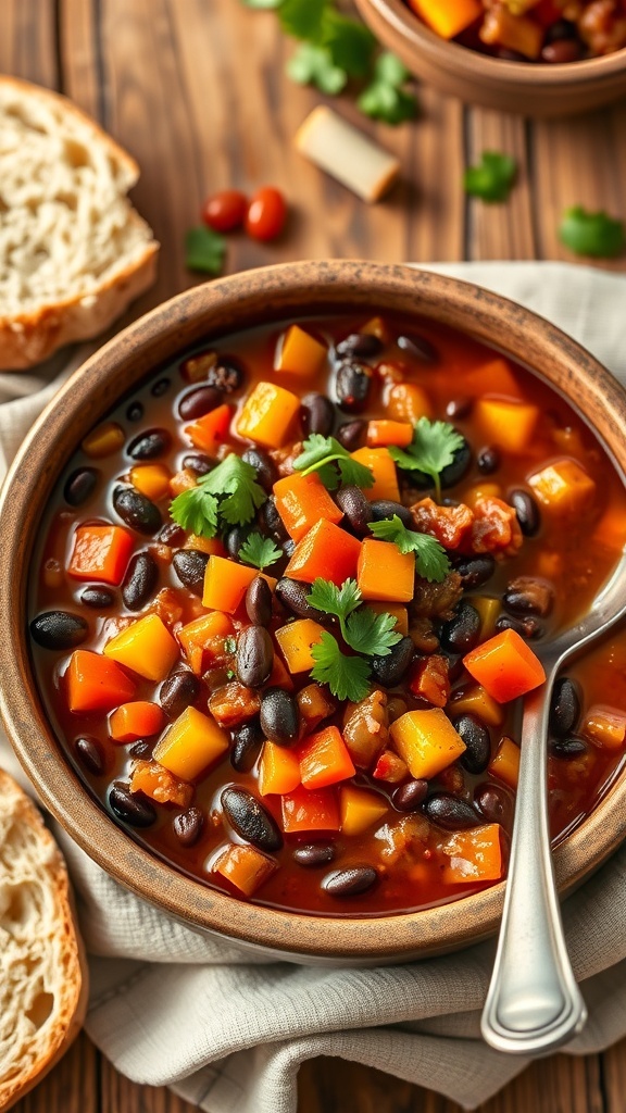 A bowl of vegetarian chili with black beans, bell peppers, and carrots, garnished with cilantro, on a wooden table with bread.